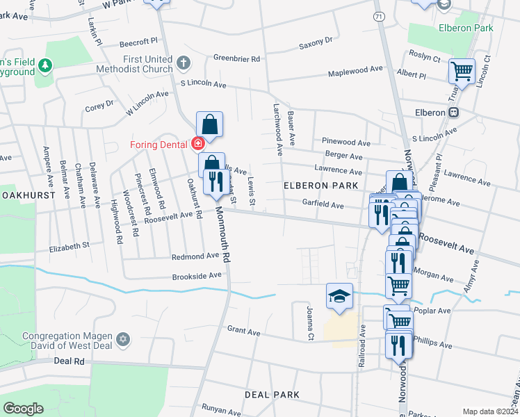 map of restaurants, bars, coffee shops, grocery stores, and more near 328 Roosevelt Avenue in Ocean Township