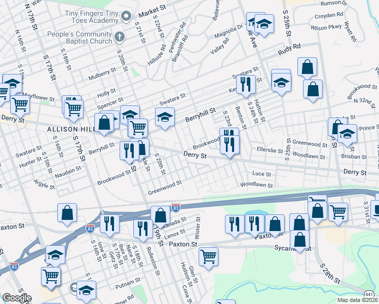 map of restaurants, bars, coffee shops, grocery stores, and more near 921 South 21st Street in Harrisburg