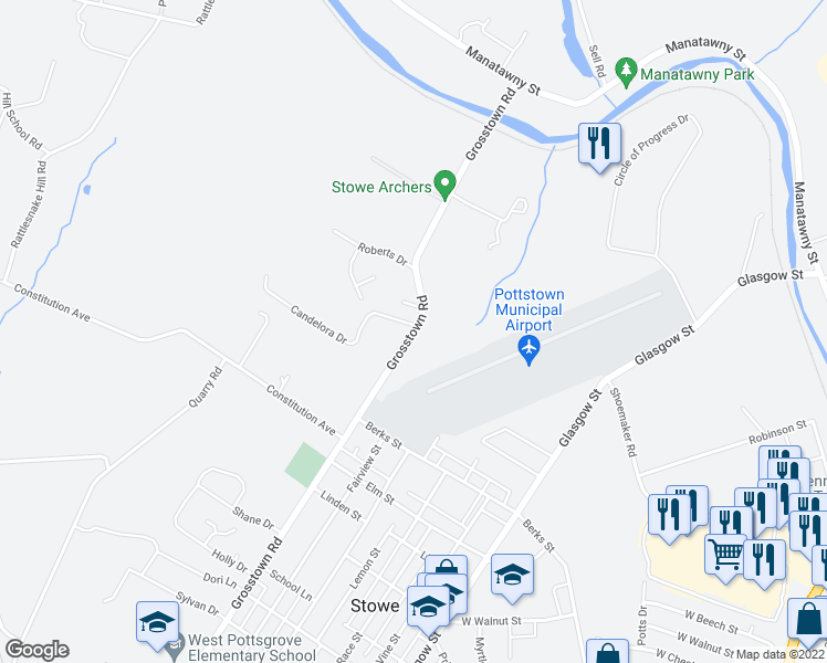 map of restaurants, bars, coffee shops, grocery stores, and more near 983 Grosstown Road in Stowe
