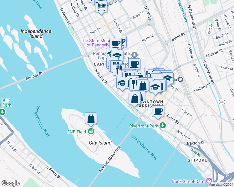 map of restaurants, bars, coffee shops, grocery stores, and more near 249 North Front Street in Harrisburg