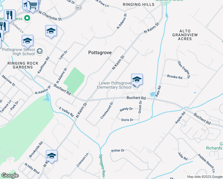 map of restaurants, bars, coffee shops, grocery stores, and more near 1404 Hilltop Road in Pottstown