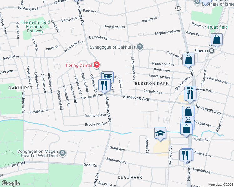 map of restaurants, bars, coffee shops, grocery stores, and more near 222 Lewis Street in Monmouth County