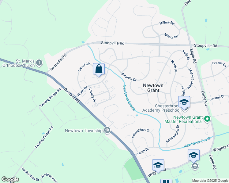 map of restaurants, bars, coffee shops, grocery stores, and more near 3515 Society Place in Newtown