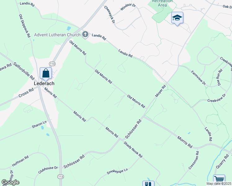 map of restaurants, bars, coffee shops, grocery stores, and more near 386 Old Morris Road in Harleysville