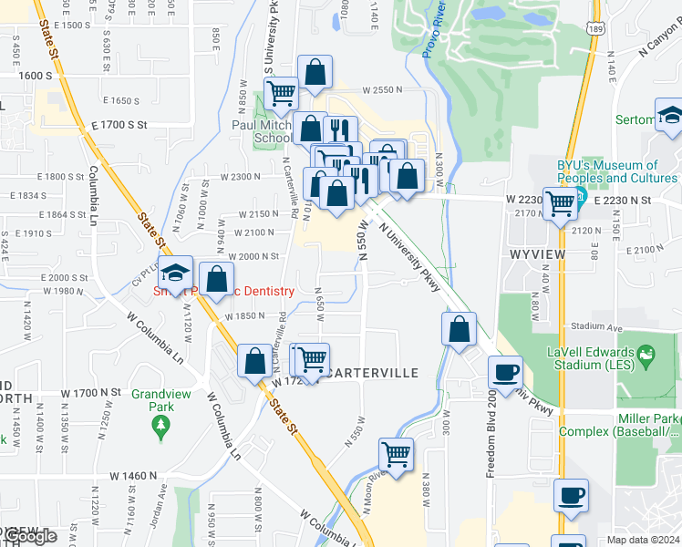 map of restaurants, bars, coffee shops, grocery stores, and more near 608 West 1975 North in Provo