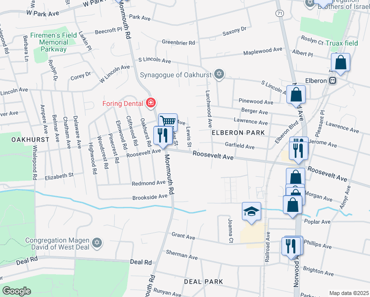 map of restaurants, bars, coffee shops, grocery stores, and more near 222 Lewis Street in Monmouth County