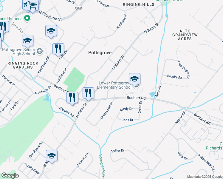 map of restaurants, bars, coffee shops, grocery stores, and more near 1404 Hilltop Road in Pottstown