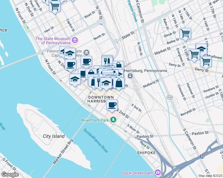 map of restaurants, bars, coffee shops, grocery stores, and more near 304 Market Street in Harrisburg