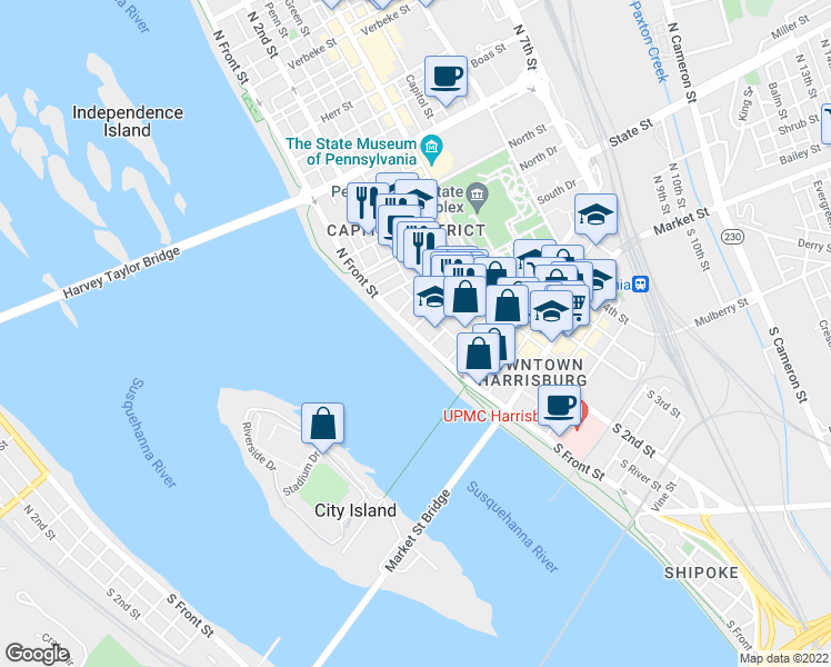 map of restaurants, bars, coffee shops, grocery stores, and more near 261 North Front Street in Harrisburg