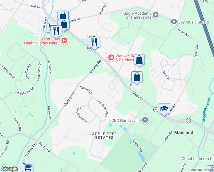 map of restaurants, bars, coffee shops, grocery stores, and more near 176 Main Street in Harleysville
