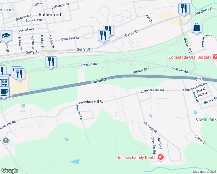 map of restaurants, bars, coffee shops, grocery stores, and more near 442 Pritchard Court in Harrisburg