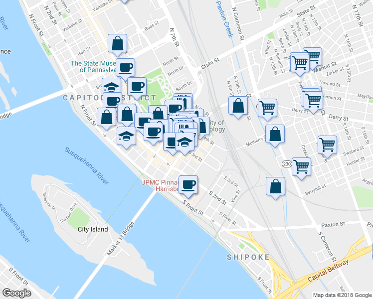 map of restaurants, bars, coffee shops, grocery stores, and more near 3 South 3rd Street in Harrisburg