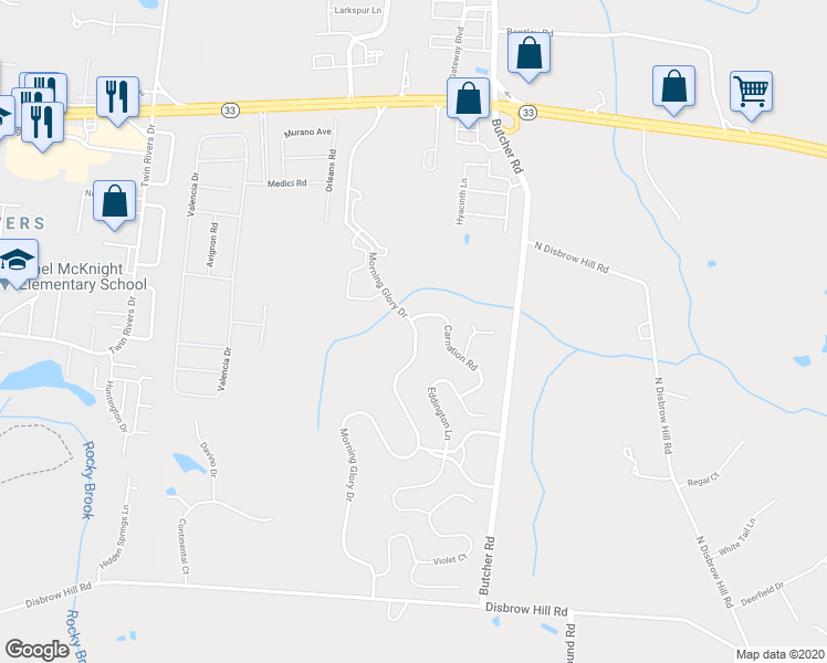 map of restaurants, bars, coffee shops, grocery stores, and more near 209 Morning Glory Drive in Monroe Township