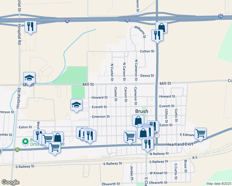 map of restaurants, bars, coffee shops, grocery stores, and more near 728 Custer Street in Brush