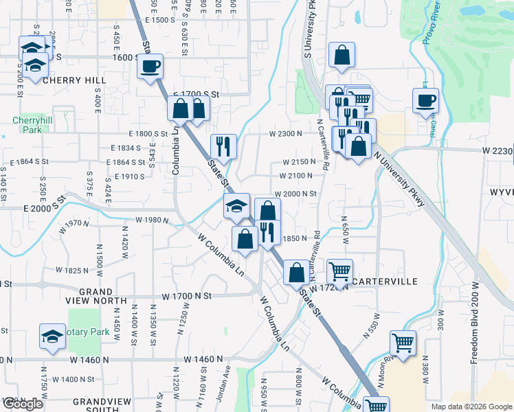 map of restaurants, bars, coffee shops, grocery stores, and more near 958 West 2000 North Street in Provo