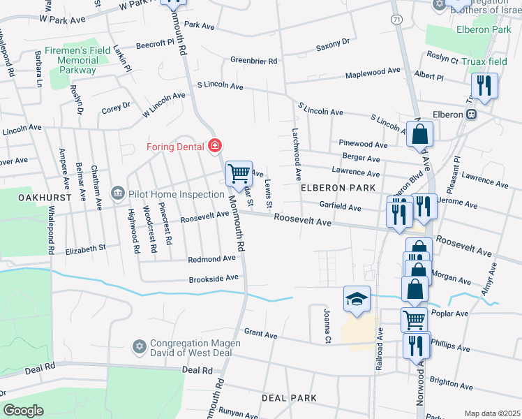 map of restaurants, bars, coffee shops, grocery stores, and more near 222 Lewis Street in Monmouth County
