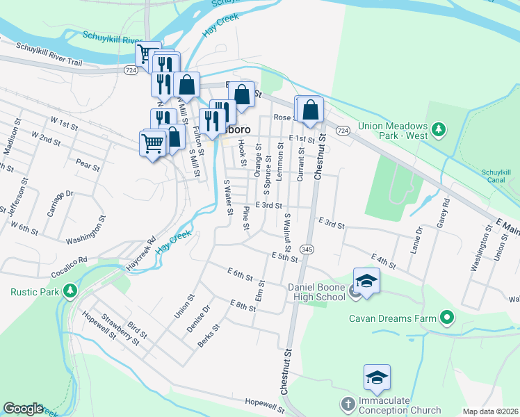 map of restaurants, bars, coffee shops, grocery stores, and more near 235 Pine Street in Birdsboro