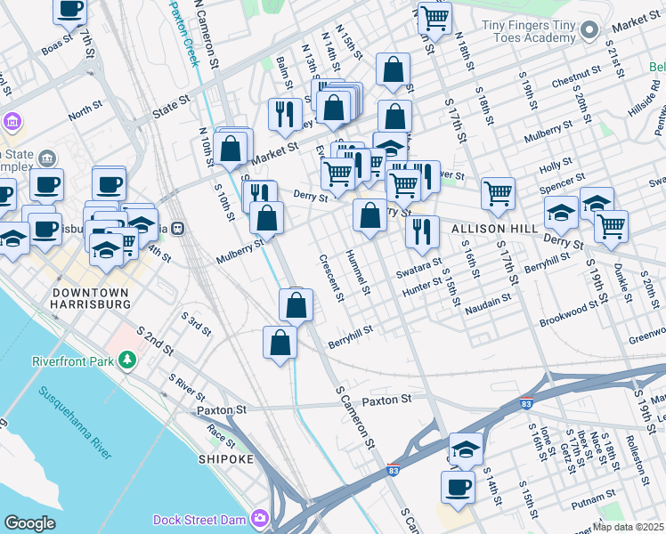 map of restaurants, bars, coffee shops, grocery stores, and more near 243 Crescent Street in Harrisburg