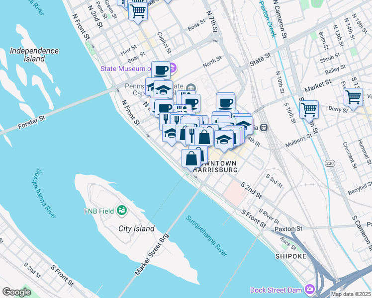 map of restaurants, bars, coffee shops, grocery stores, and more near 211 North 2nd Street in Harrisburg