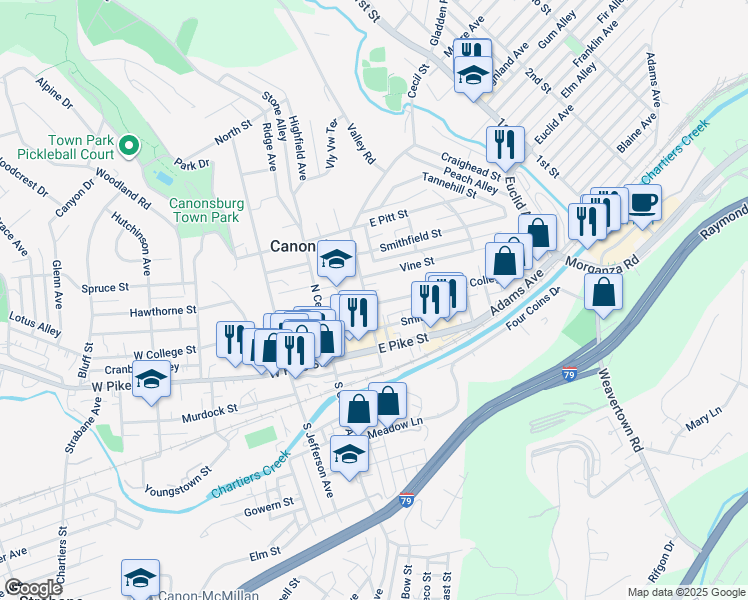 map of restaurants, bars, coffee shops, grocery stores, and more near 120 Vine Street in Canonsburg