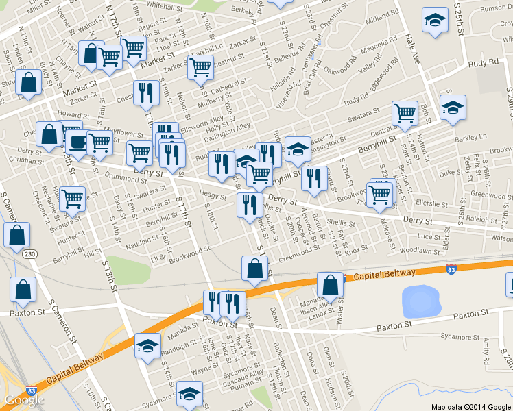 map of restaurants, bars, coffee shops, grocery stores, and more near 527 Hetrick Street in Harrisburg