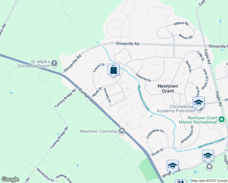 map of restaurants, bars, coffee shops, grocery stores, and more near 11 Poplar Court in Newtown