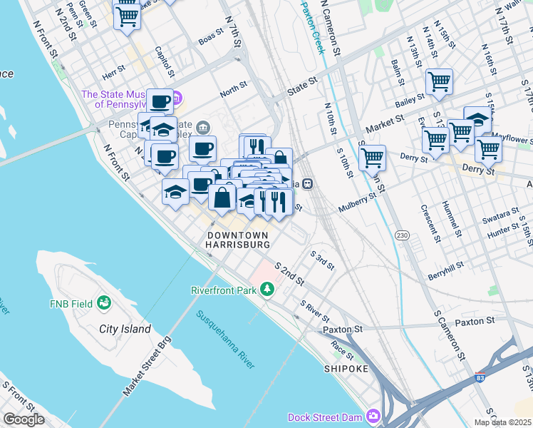 map of restaurants, bars, coffee shops, grocery stores, and more near 307 Market Street in Harrisburg