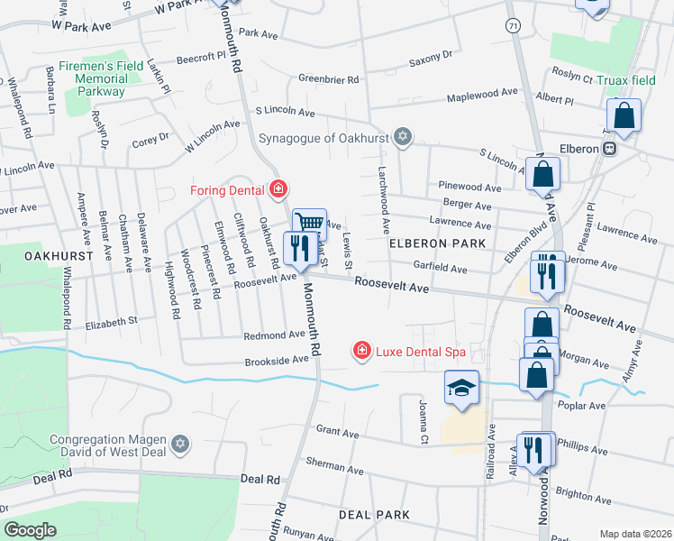 map of restaurants, bars, coffee shops, grocery stores, and more near 222 Lewis Street in Monmouth County