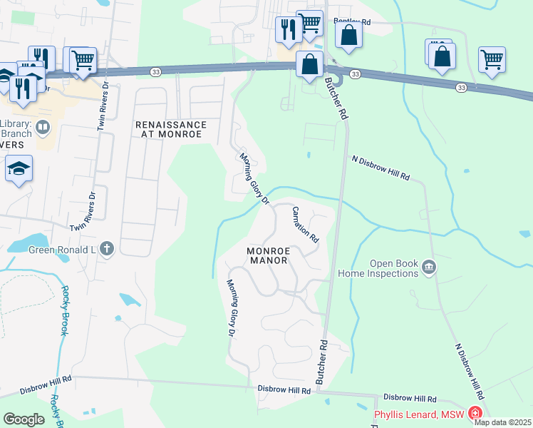 map of restaurants, bars, coffee shops, grocery stores, and more near 205 Morning Glory Drive in Monroe Township