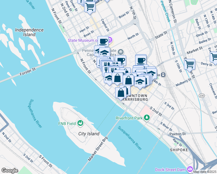 map of restaurants, bars, coffee shops, grocery stores, and more near 217 North Front Street in Harrisburg