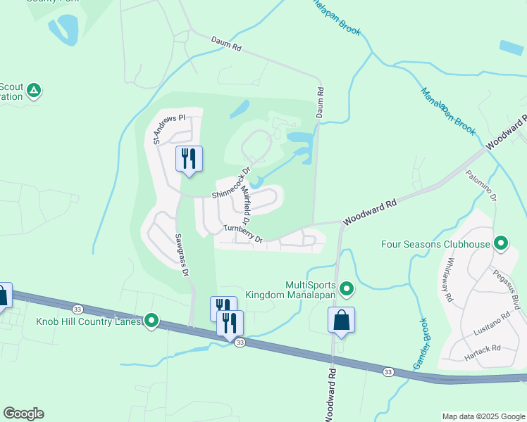 map of restaurants, bars, coffee shops, grocery stores, and more near 5 Baltusrol Drive in Manalapan Township