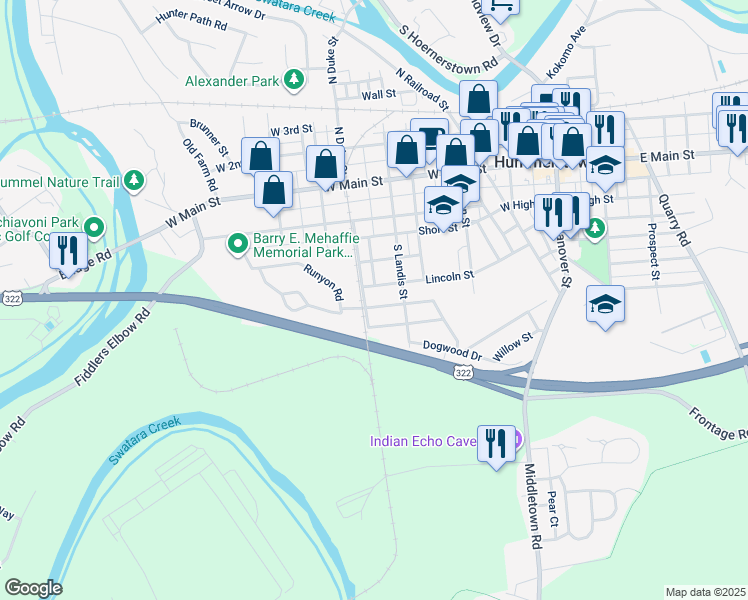 map of restaurants, bars, coffee shops, grocery stores, and more near 320 Birch Lane in Hummelstown