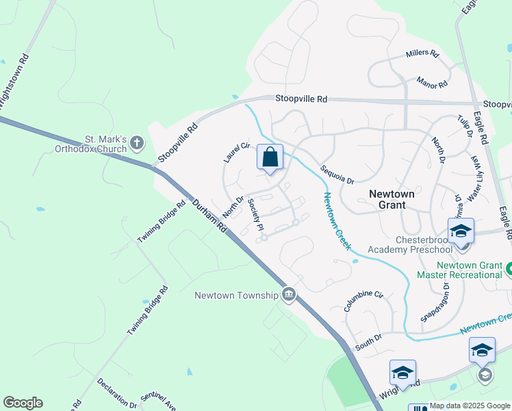 map of restaurants, bars, coffee shops, grocery stores, and more near 2208 Society Place in Newtown