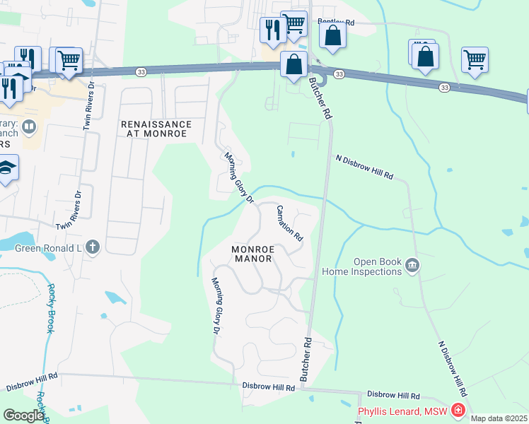 map of restaurants, bars, coffee shops, grocery stores, and more near 238 Morning Glory Drive in Monroe Township