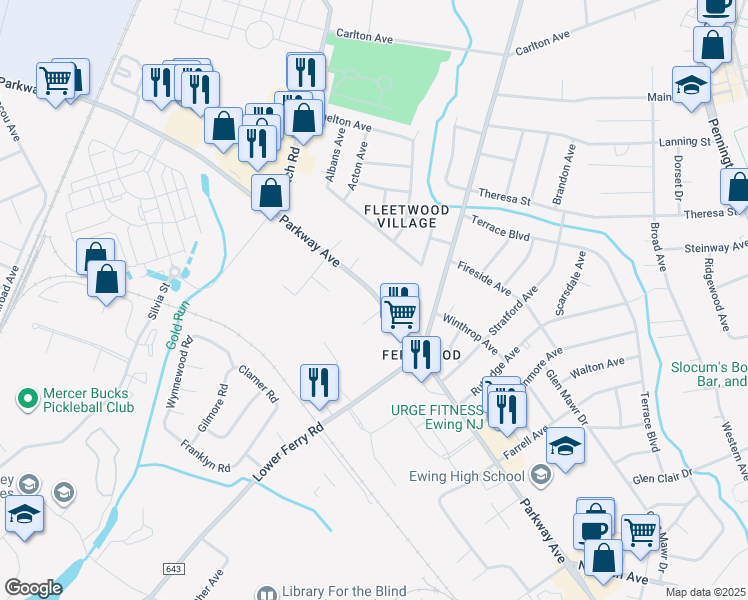 map of restaurants, bars, coffee shops, grocery stores, and more near 1142 Parkway Avenue in Ewing Township