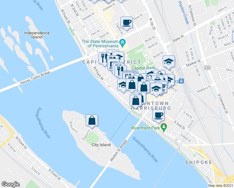 map of restaurants, bars, coffee shops, grocery stores, and more near 301 North Front Street in Harrisburg