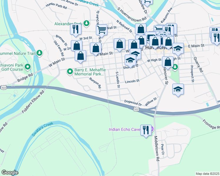 map of restaurants, bars, coffee shops, grocery stores, and more near 320 Birch Lane in Hummelstown