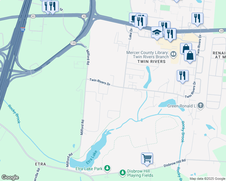map of restaurants, bars, coffee shops, grocery stores, and more near 81 Twin Rivers Drive in East Windsor