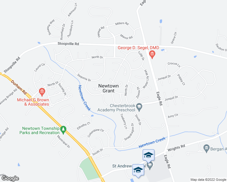 map of restaurants, bars, coffee shops, grocery stores, and more near 43 Honey Locust Lane in Newtown