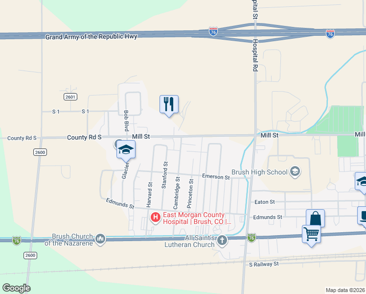 map of restaurants, bars, coffee shops, grocery stores, and more near 439 Cambridge Street in Brush