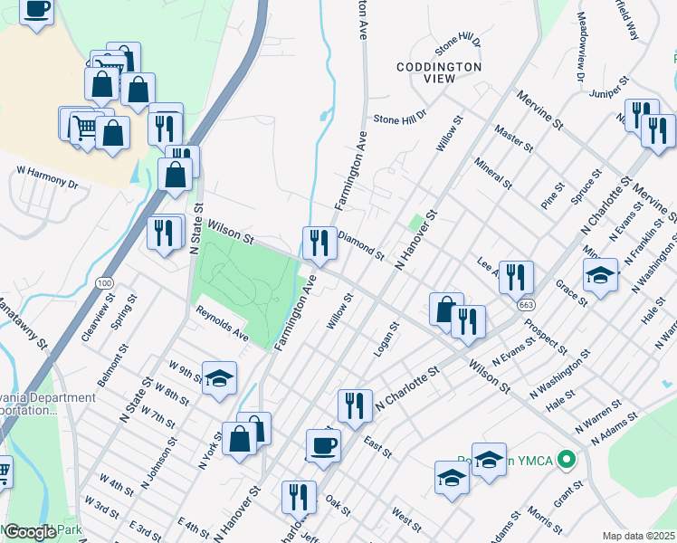 map of restaurants, bars, coffee shops, grocery stores, and more near 801 Poplar Street in Pottstown