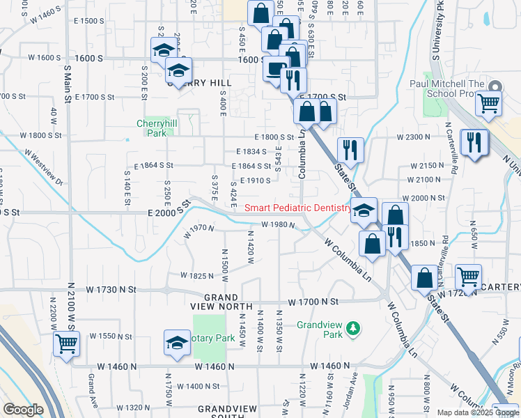 map of restaurants, bars, coffee shops, grocery stores, and more near 493 East 2000 South Street in Orem