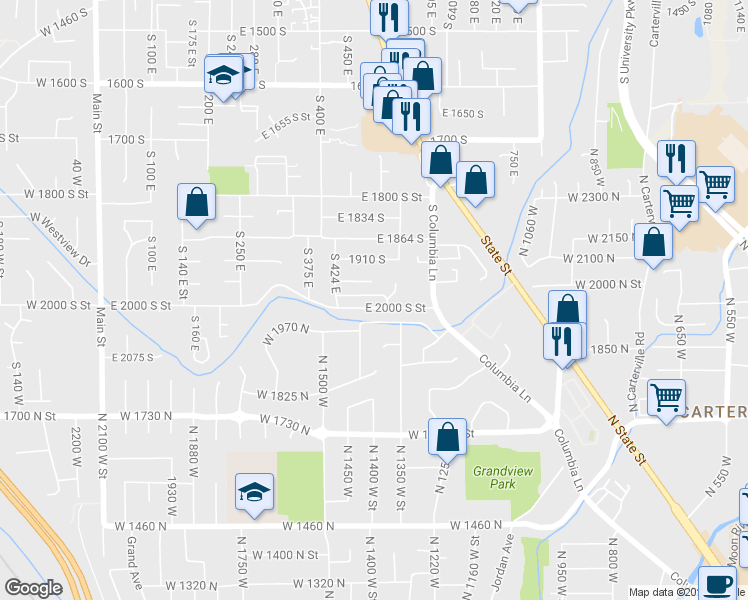 map of restaurants, bars, coffee shops, grocery stores, and more near 493 East 2000 South Street in Orem