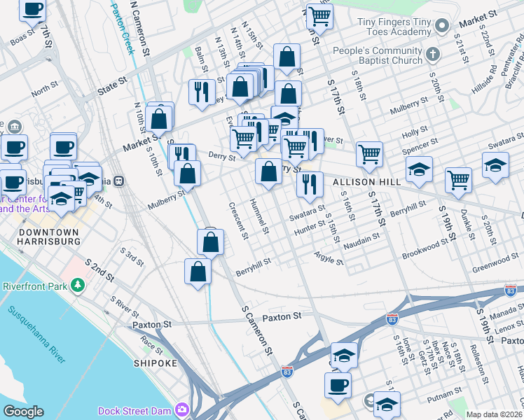map of restaurants, bars, coffee shops, grocery stores, and more near 1241 Kittatinny Street in Harrisburg
