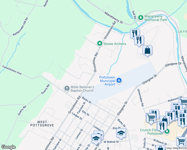 map of restaurants, bars, coffee shops, grocery stores, and more near Grosstown Road in Pottstown