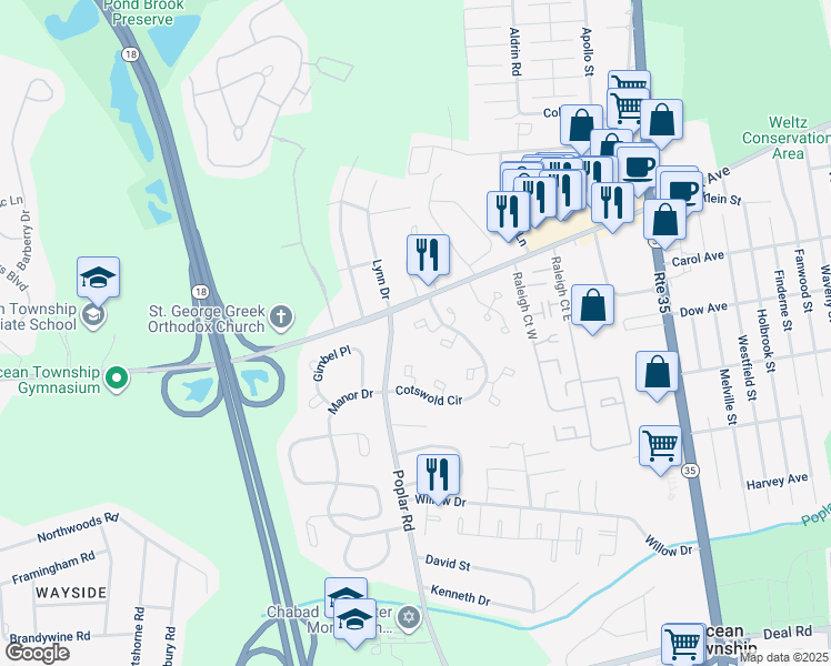 map of restaurants, bars, coffee shops, grocery stores, and more near 100 Cotswold Circle in Ocean Township