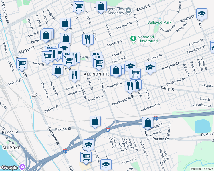 map of restaurants, bars, coffee shops, grocery stores, and more near 1716 Hunter Street in Harrisburg