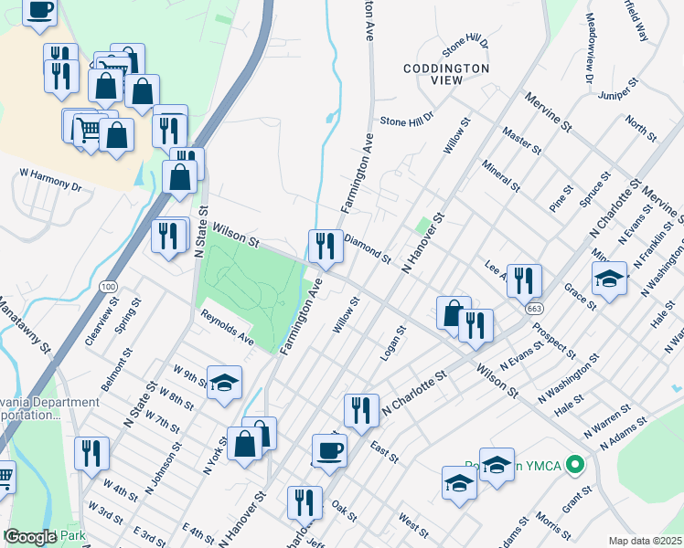 map of restaurants, bars, coffee shops, grocery stores, and more near 801 Poplar Street in Pottstown