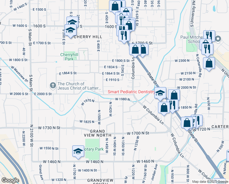 map of restaurants, bars, coffee shops, grocery stores, and more near 1940 South 520 East Street in Orem