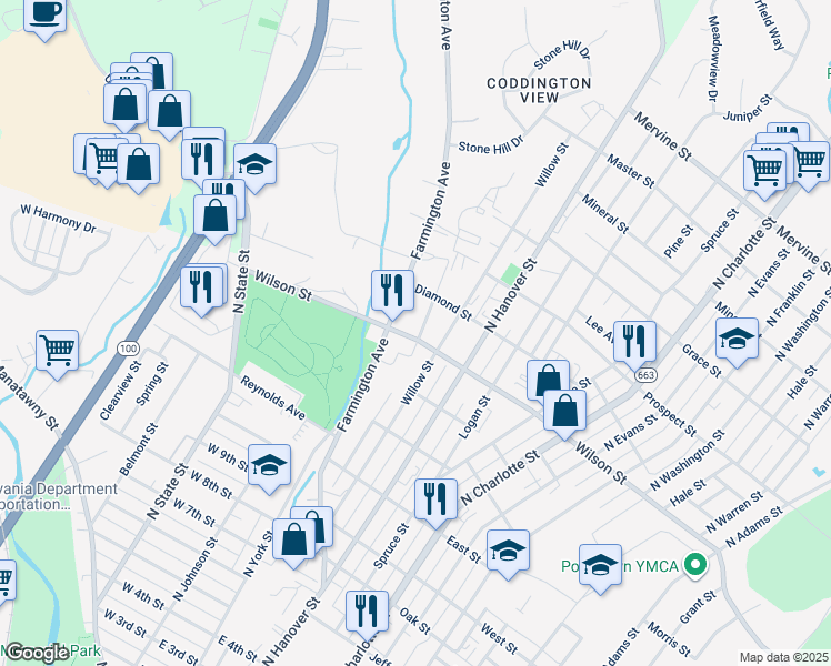 map of restaurants, bars, coffee shops, grocery stores, and more near 803 Poplar Street in Pottstown